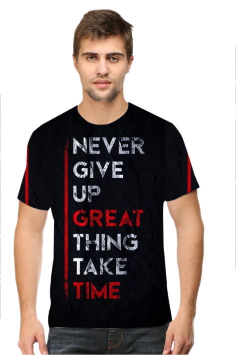 Never Give Up Quote Printed Black T-Shirt