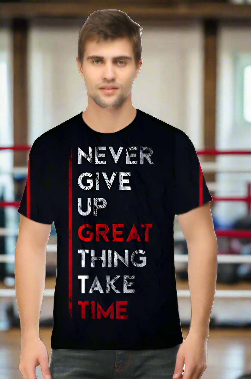 Never Give Up Quote Printed Black T-Shirt