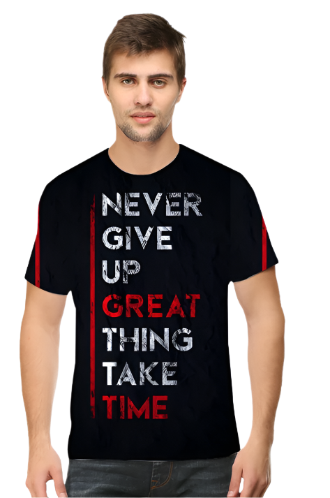 Never Give Up Quote Printed Black T-Shirt