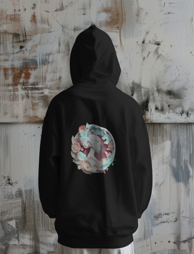 Feminine 3D Art Printed Black Hoodie Sweatshirt