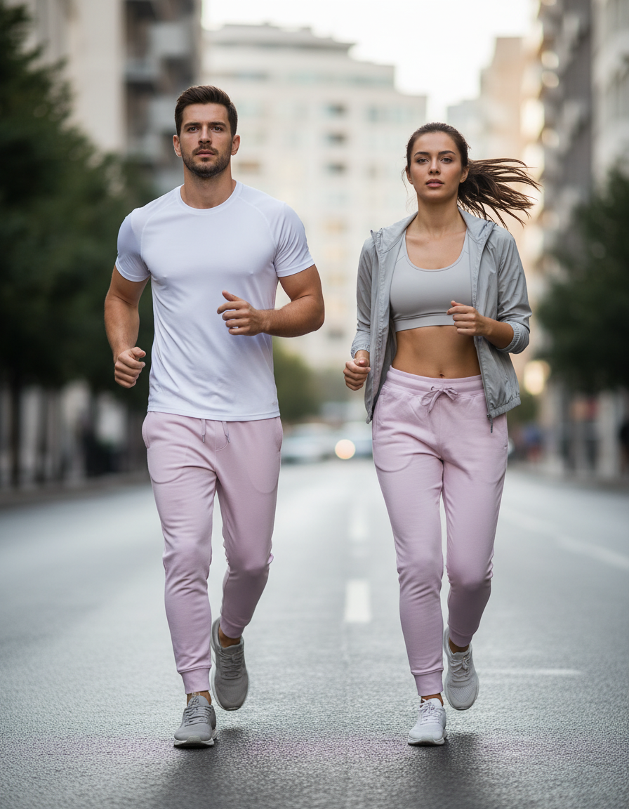 Man and woman running on a city street wearing matching light pink jogger pants.