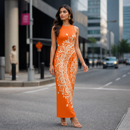 Orange Lotus Design Bodycon Dress
